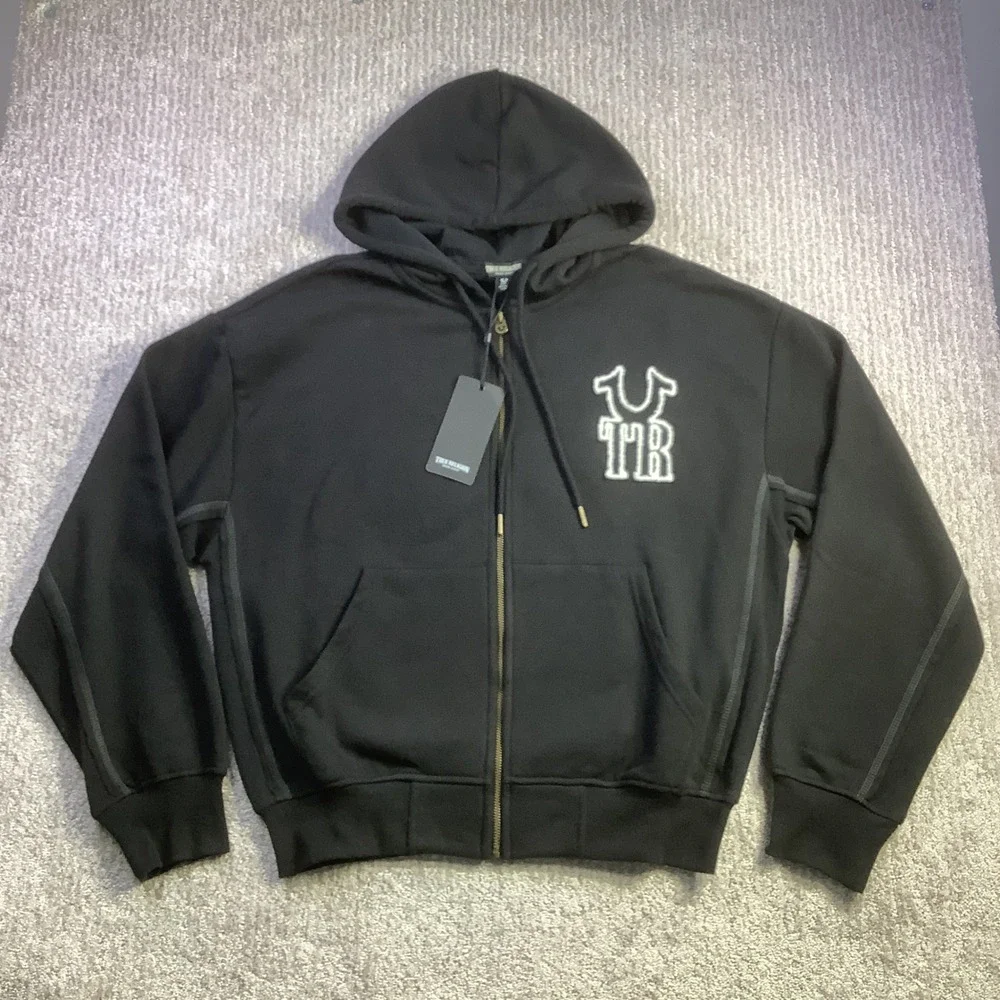 True Religion Mens Rib Stitch Dept Boxy Zip Up Hoodie Jet Black Size S NWT